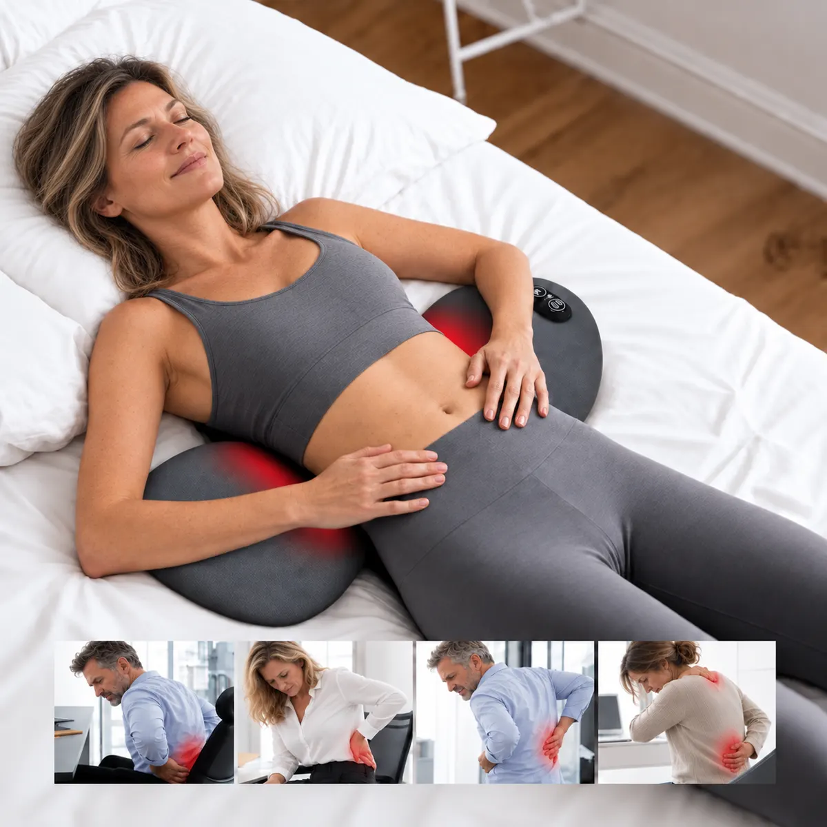 Woman lying on a bed with SpineEase under her lower back